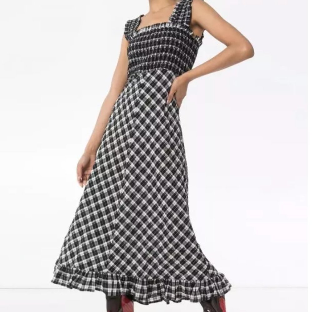 GANNI // Seersucker Check Smocked Midi Dress